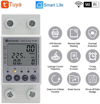 KETOTEK Smart 1 Phasig Stromzähler Hutschiene Digitale LCD Energiezähler KWh Zähler WLAN Fernbedienu