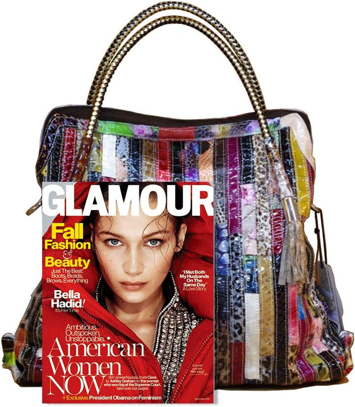 Damen Multicolor Einkaufstasche Echtes Leder Handtasche Bunte Patchwork Grosse Umhängetasche Shopper