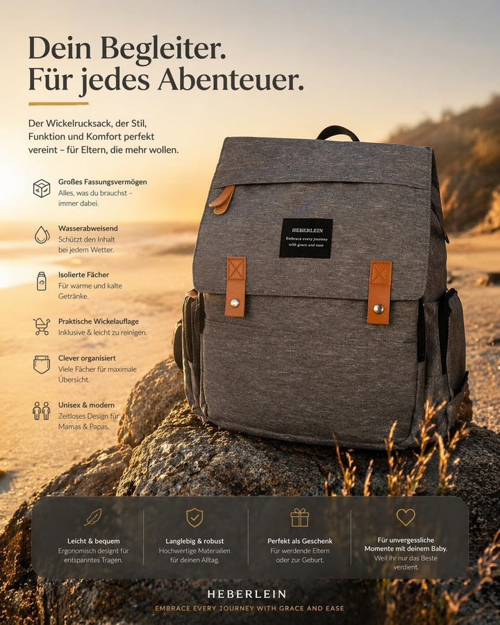 Heberlein Prestige Baby Wickelrucksack - grosse Wickeltasche für Mama & Papa, wasserabweisend mit vi