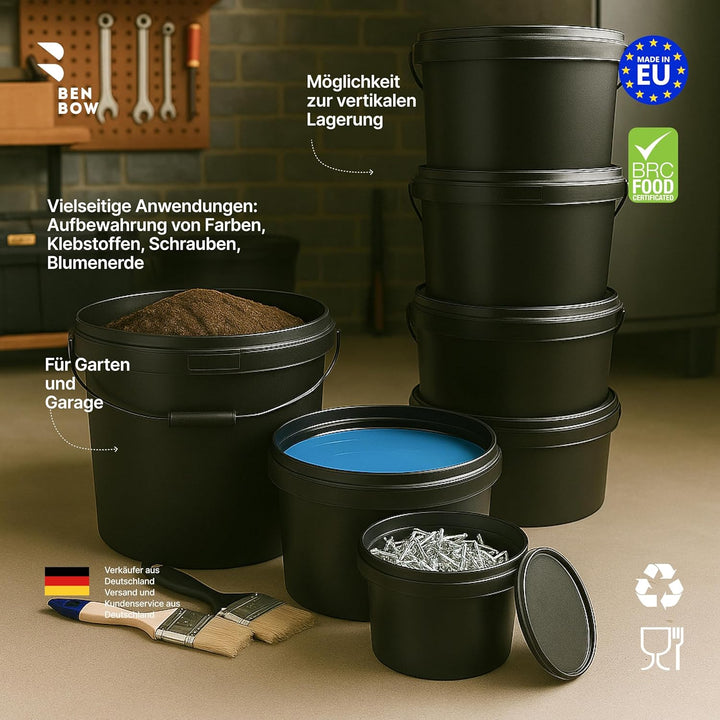 BenBow - Eimer mit Deckel 3X 30 Liter schwarz - lebensmittelecht stabil luftdicht auslaufsicher geru