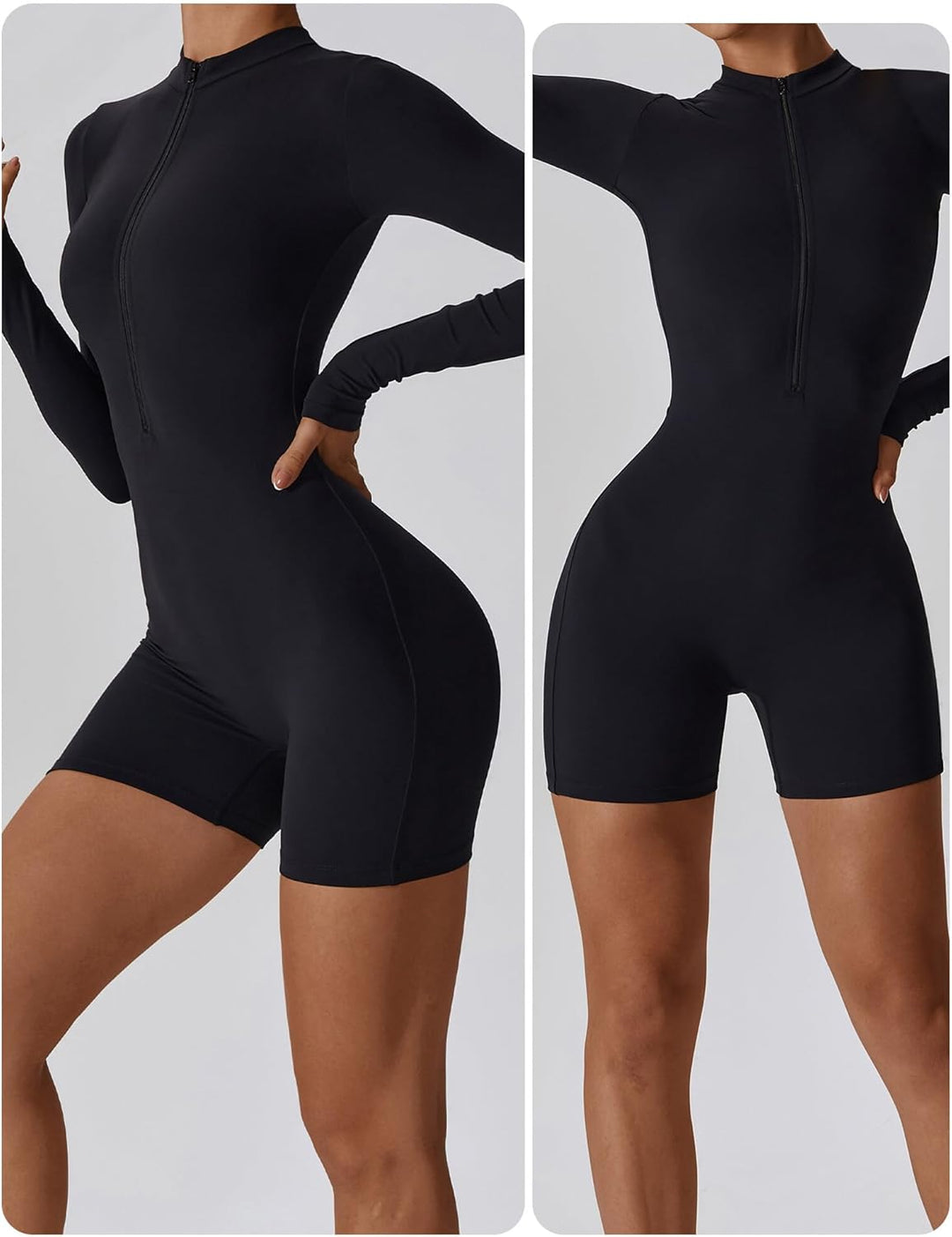AIEOE Sport Jumpsuit Damen Kurz Eng Yoga Langarm One Piece mit Kragen Reissverschluss Bodysuit Plays