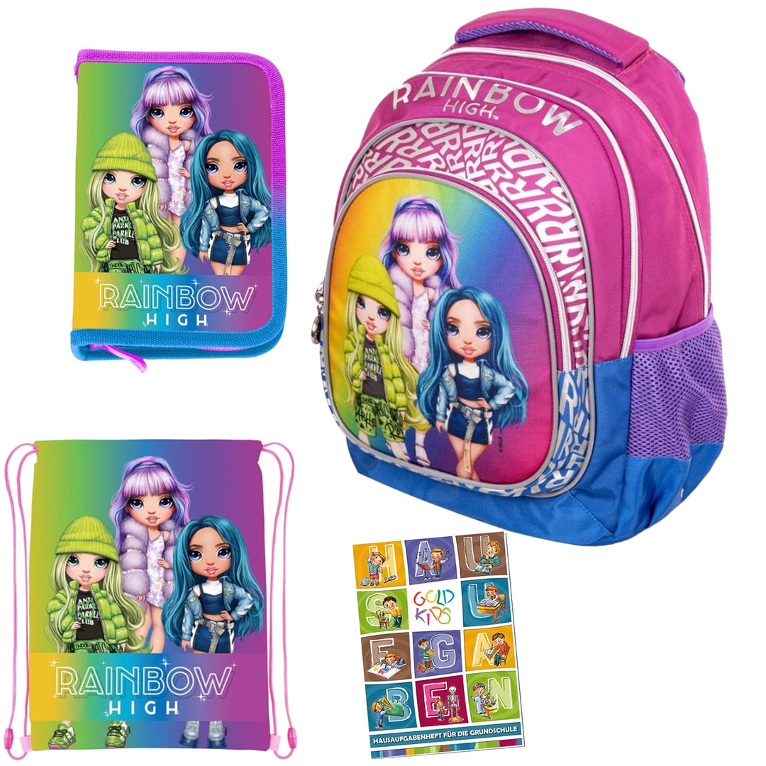 Goldkids 4er Set Schulrucksack Rucksack Federmappe Turnbeutel Aufgabenheft Rainbow High Motiv geeign