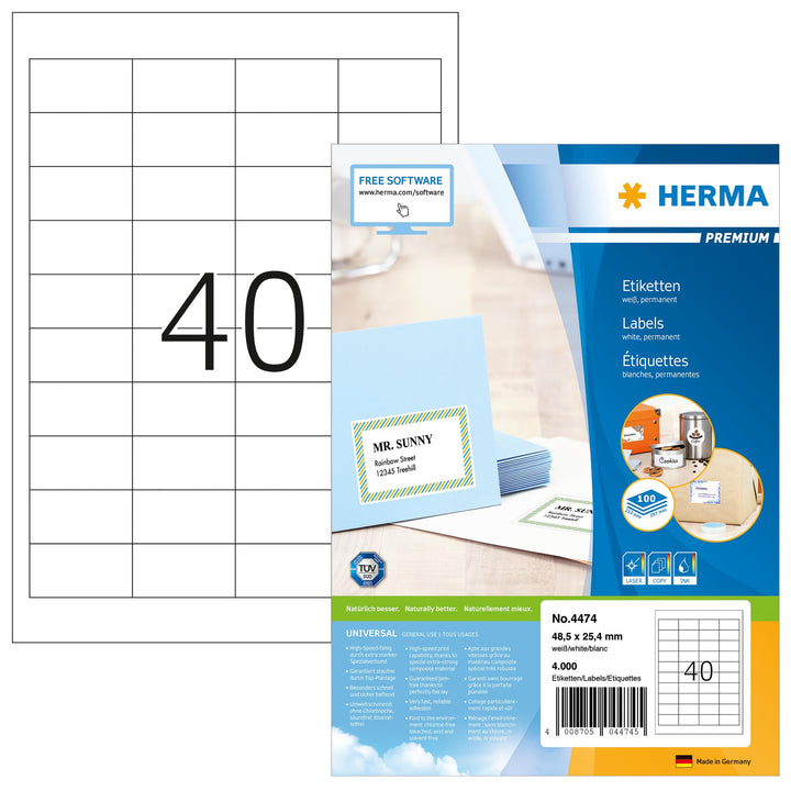 HERMA 4474 Universal Etiketten, 100 Blatt, 48,5 x 25,4 mm, 40 Stück pro A4 Bogen, 4000 Aufkleber, se