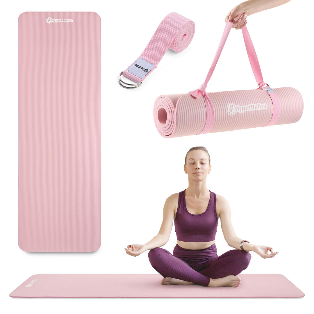 HyperMotion Yogamatte Fitnessmatte NBR 183x61x0,8 cm Rosa, Rutschfest 8 mm, mit Tragegurt und Stretc