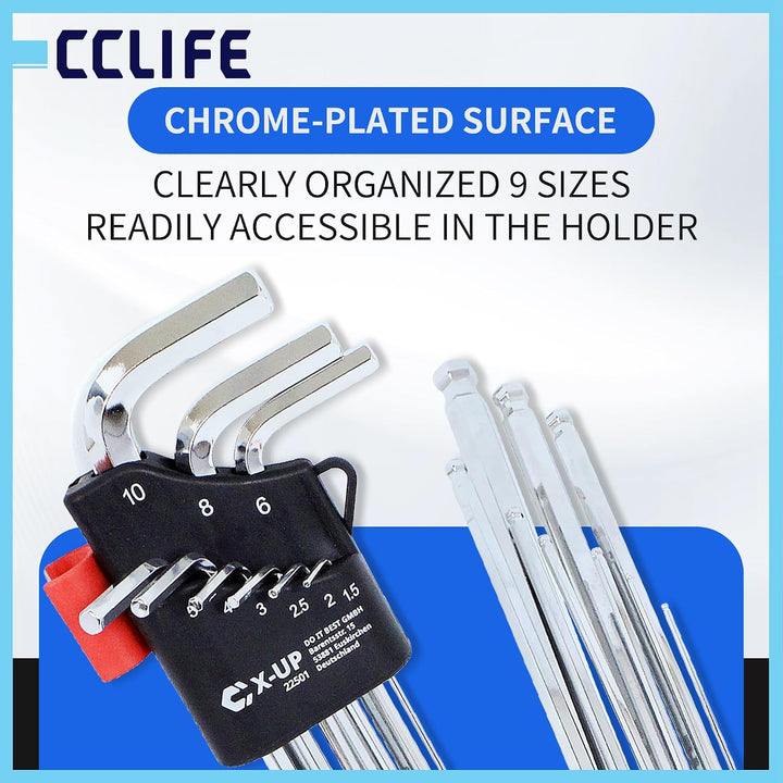 CCLIFE Innensechskantschlüssel set mit Griff Kugelkopf 10tlg | Magnetischer Kugelkopf, langer Hebel,