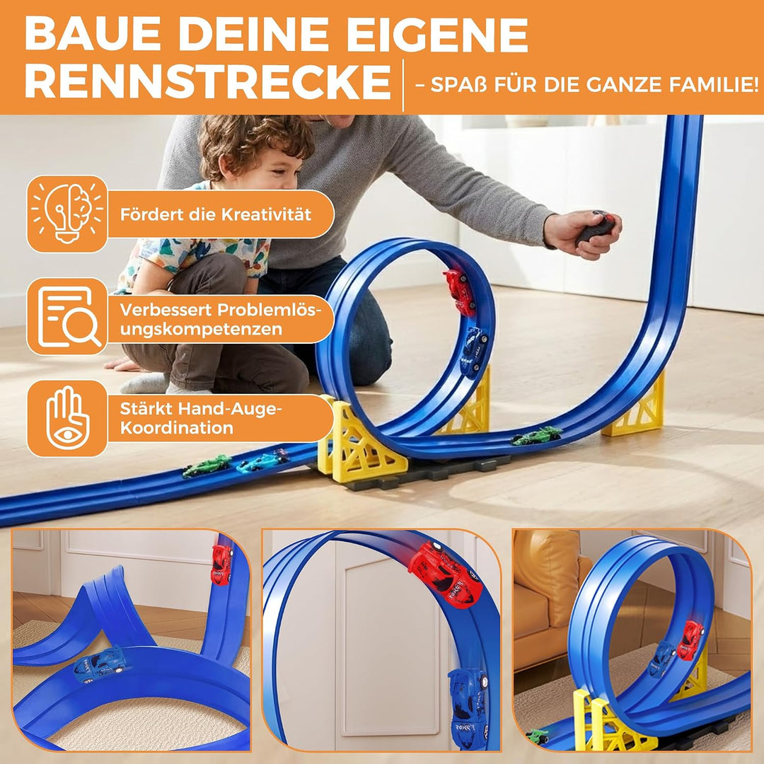 Flexible Rennbahn Kinder 5 m, Autorennbahn Kinder Doppel-Rennstrecke mit 6 Autos, Für 1/64 Autos, Sp