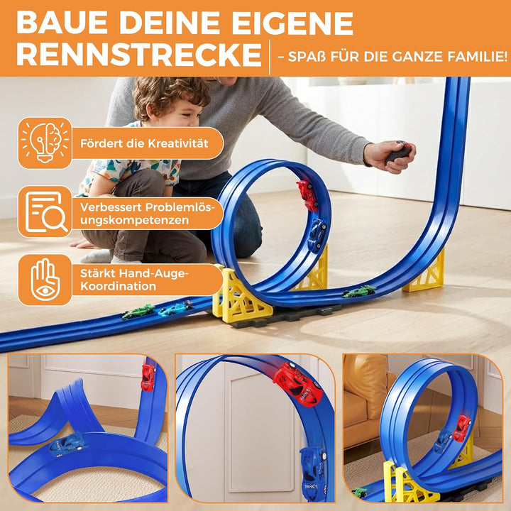 Flexible Rennbahn Kinder 5 m, Autorennbahn Kinder Doppel-Rennstrecke mit 6 Autos, Für 1/64 Autos, Sp