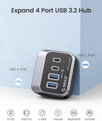 USB Hub 3.2 Gen 1, ORICO 4 Port USB C Hub auf 2 USB-A und 2 USB-C, 10Gbps Datenhub USB Verteiler, US