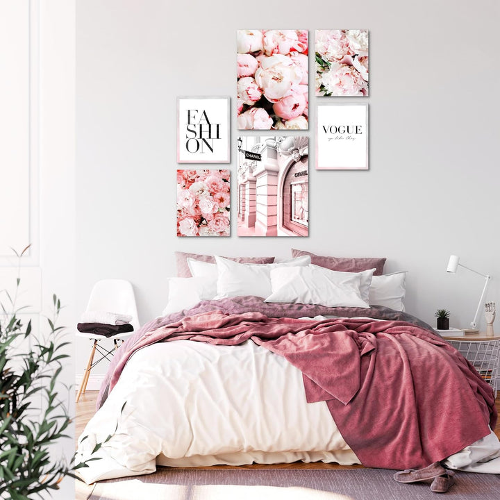 Novart Wandbilder Set Coco Fashion Blumen Rosa - KEIN EXTRA RAHMEN BENÖTIGT - Modern Deko - Wohnzimm