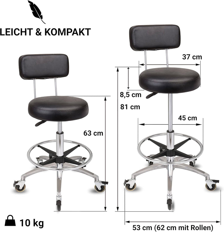 Staboos Rollhocker bis 160 kg - Premium Rundsitz mit Lehne und Fussstütze - Praxishocker (Premium Ro