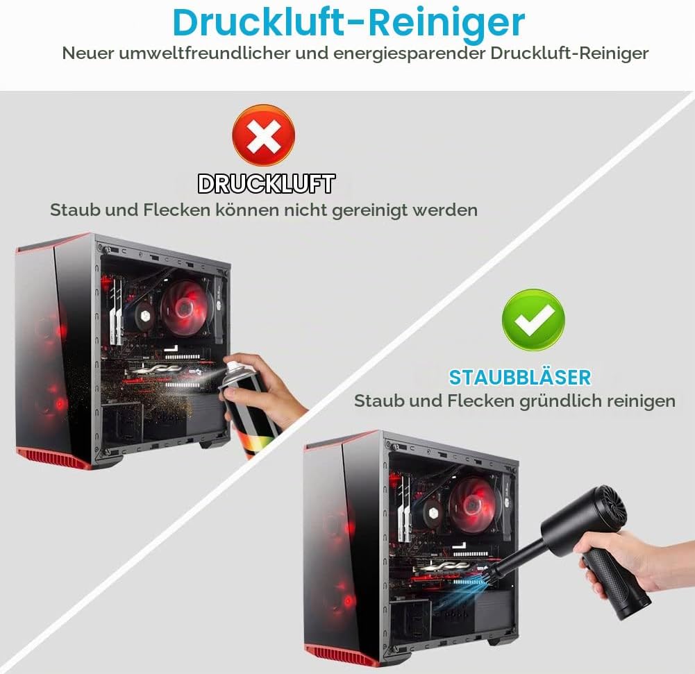 URAQT 2-in-1 Staubgebläse Druckluft, Staubsauger Tastatur Reinigungsset mit LED-Licht, 91000 U/min E