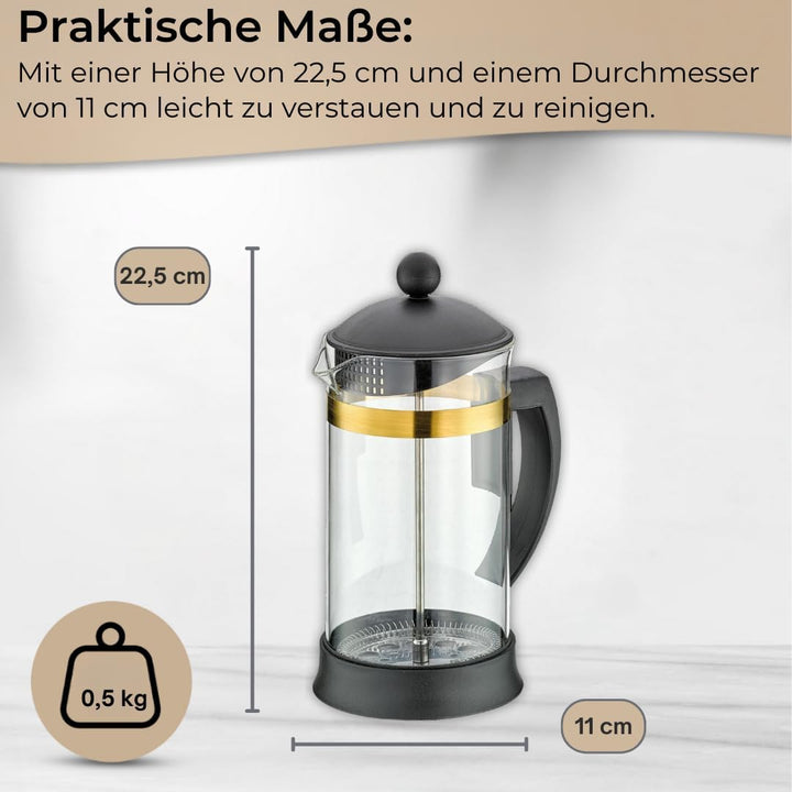 Cilio Kaffeebereiter MARIELLA ORO – 1L, 8 Tassen - Stillvolle Kaffeepresse aus Borosilikatglas/Rand