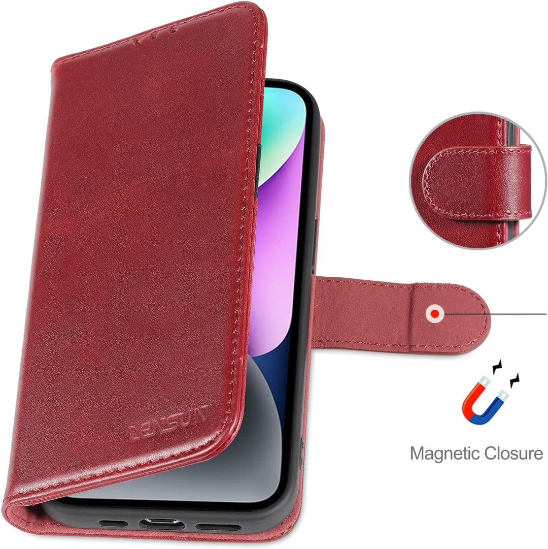LENSUN Echtleder Hülle für iPhone 14, Handyhülle Echt Leder [Magnetverschluss][RFID Schutz] Handytas
