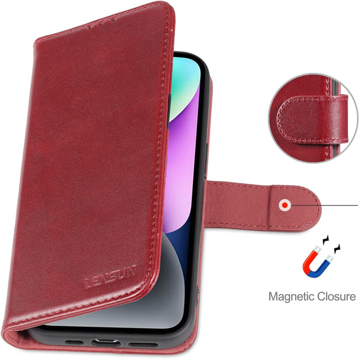 LENSUN Echtleder Hülle für iPhone 14, Handyhülle Echt Leder [Magnetverschluss][RFID Schutz] Handytas
