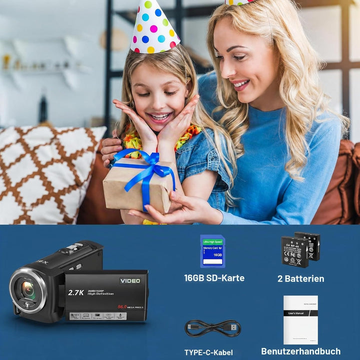 Videokamera 2.7K 56MP Camcorder 16X Digitalzoom Fülllicht Vlogging Camera Schwarz, Schwarz