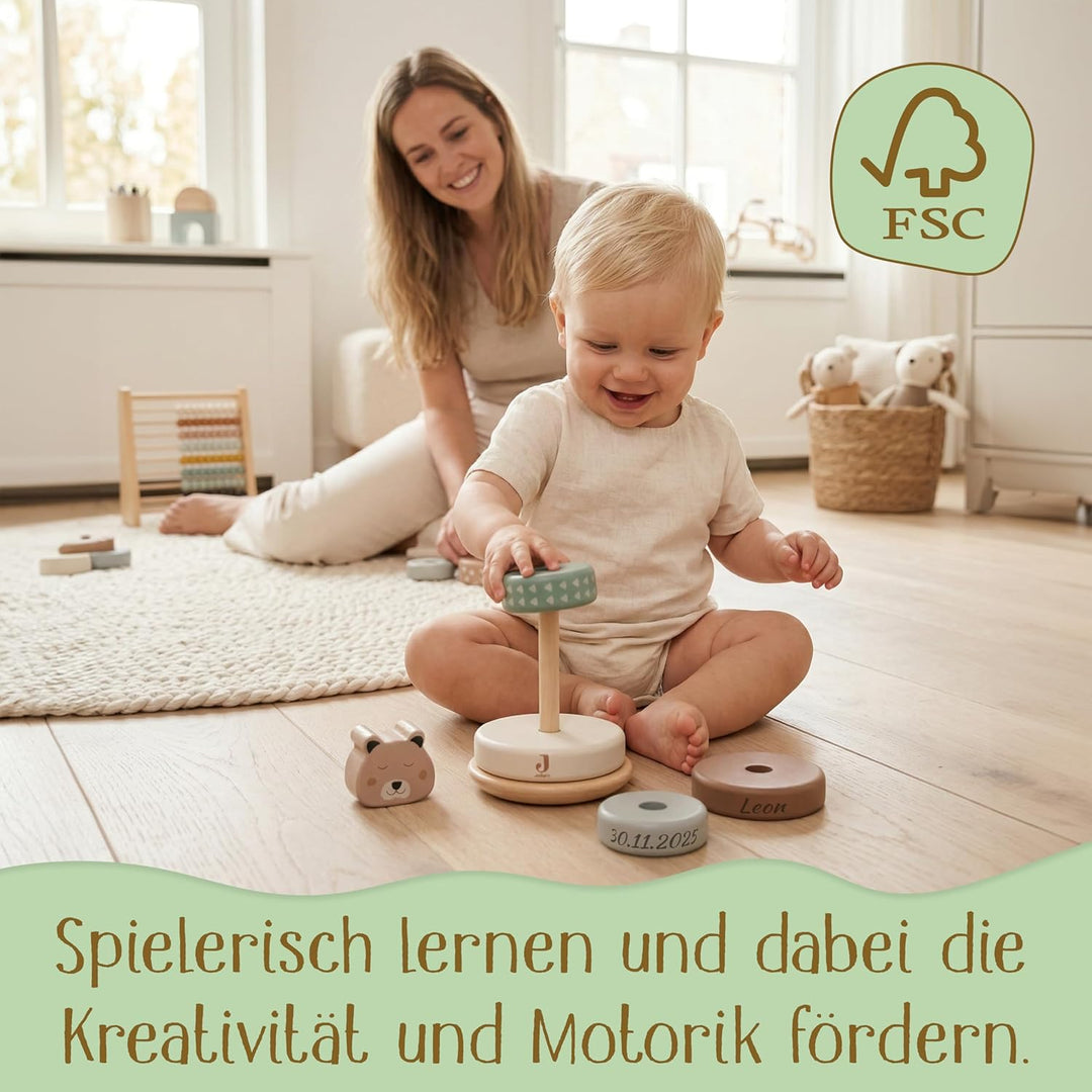 Stapelturm personalisiert mit Name & Datum – Jollein FSC Holz Baby Stapelspielzeug ab 12 Monate – Ge