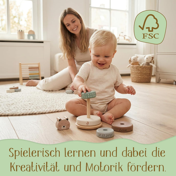 Stapelturm personalisiert mit Name & Datum – Jollein FSC Holz Baby Stapelspielzeug ab 12 Monate – Ge