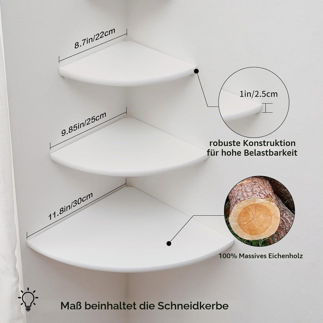 Eckregal Weiss, 3er-Set Eiche Massivholz Eckregal runde Enden Wandregal Holz Vintage Landhausstil Re