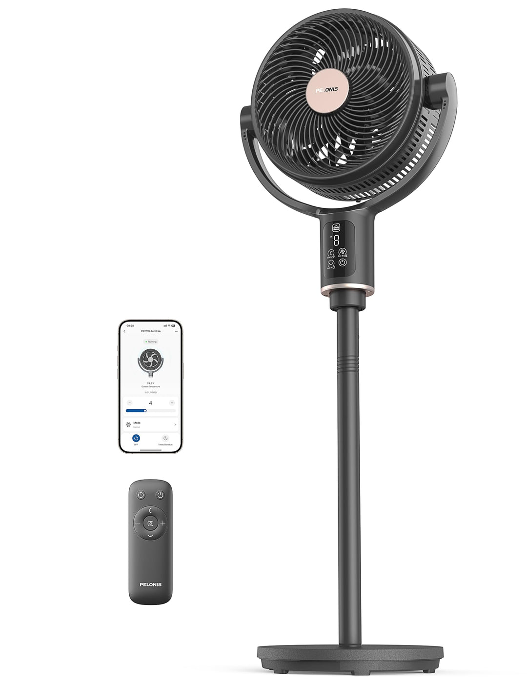 PELONIS 135° Oszillierender Smart Standing Fan, Leiser Bodenventilator mit DC Motor, Doppelflügel St