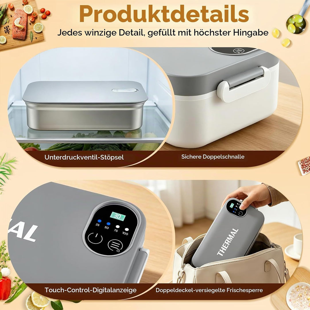 Elektrische Lunchbox mit 7200mAh Akku, 900ml Thermo Lunchbox für Essen heiss, USB-C Heatbox Edelstah