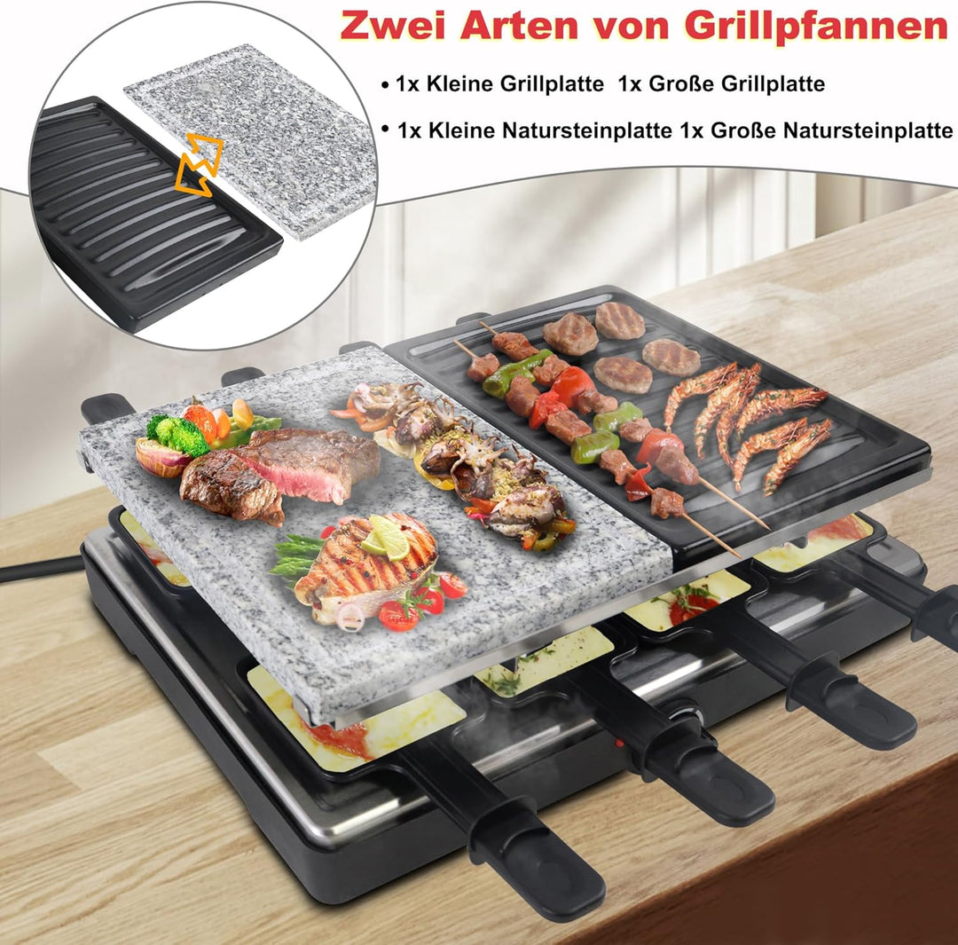 Raclette Grill für 8 Personen, Elektrischer Tischgrill 1400W, Antihaft-Racletteplatte, inkl. 8 Pfänn