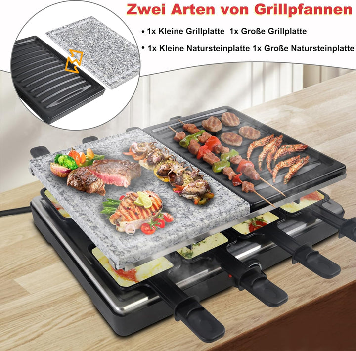 Raclette Grill für 8 Personen, Elektrischer Tischgrill 1400W, Antihaft-Racletteplatte, inkl. 8 Pfänn