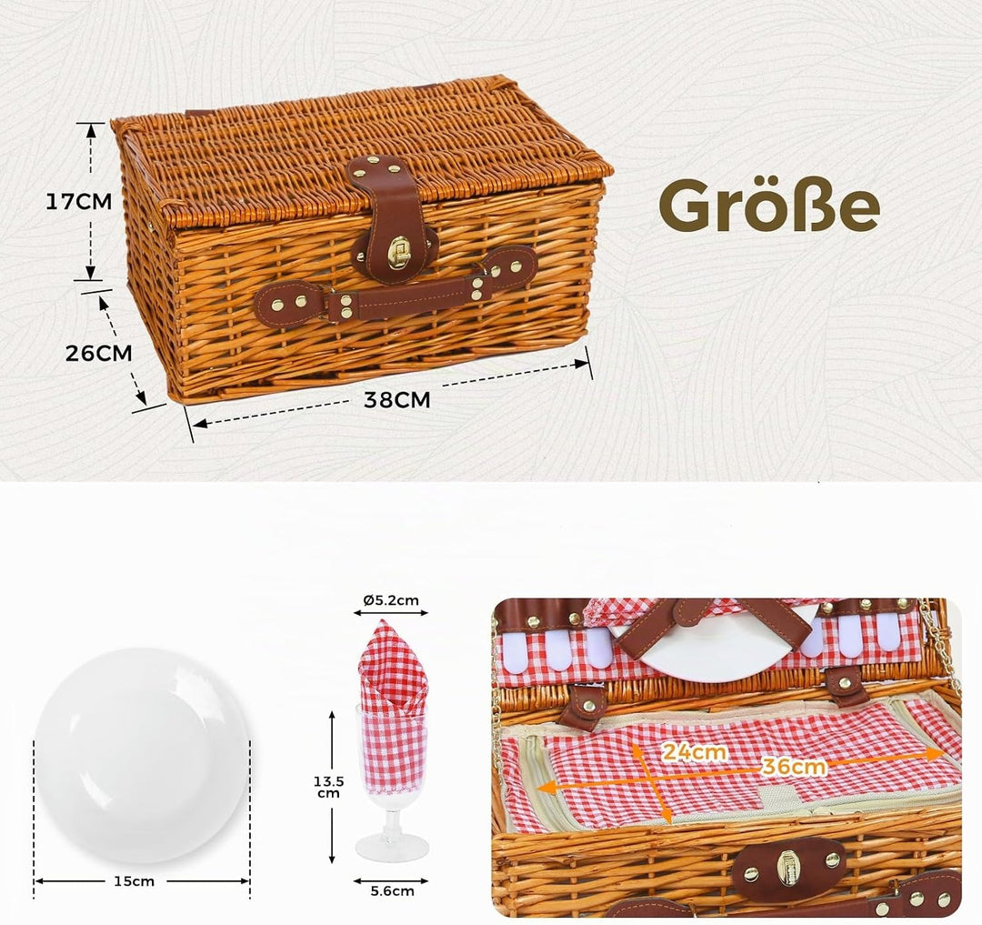 Picknickkorb Set für 2 Person mit Kühlfach, Abnehmbarer Riemen, Weinbeutel, Besteck Set, für Camping