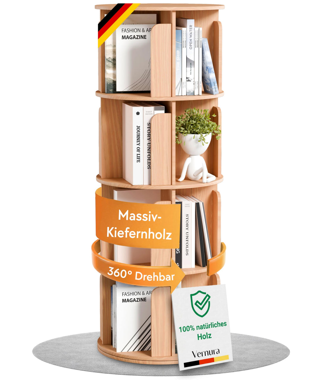 Drehbares Bücherregal aus Holz - 100% Massivholz - Premium Qualität - Platzsparend - Drehregal Büche