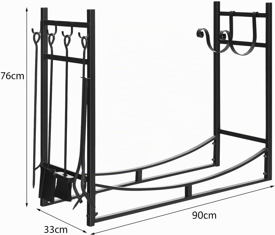 COSTWAY Kaminholzregal mit 4 tlg. Kaminbesteck Set, Brennholzregal Metall Kaminholzständer Kaminzube