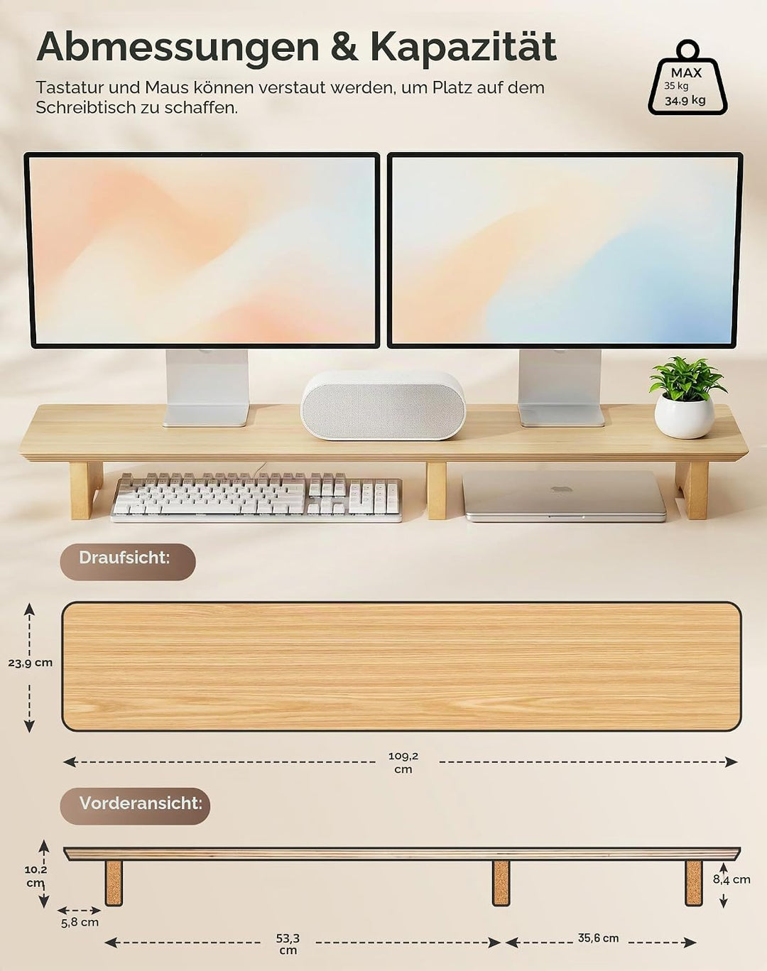 Aothia Grosser Monitor-Ständer für Computerbildschirme,Holz-Riser mit nachhaltigen Korkblockbeinen f