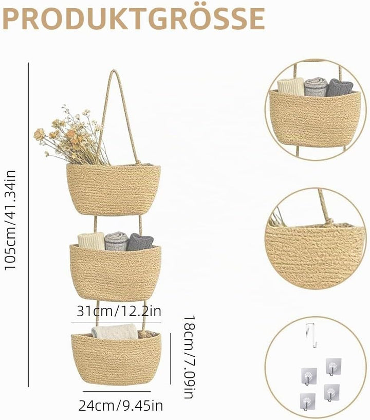 3-stöckiger Hängekorb aus Baumwollseil – Wand- & Türorganizer mit Türhaken & Klebehaken, Boho Aufbew