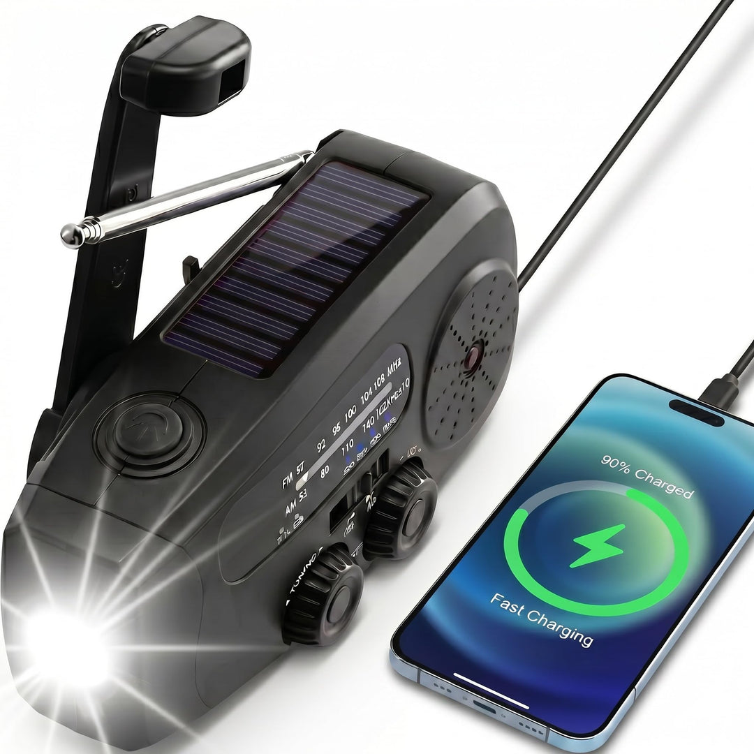 Notfall Kurbelradio Solar Radio mit Powerbank & Taschenlampe, 2000mAh Akku 3-Wege-Laden SOS Alarm, K