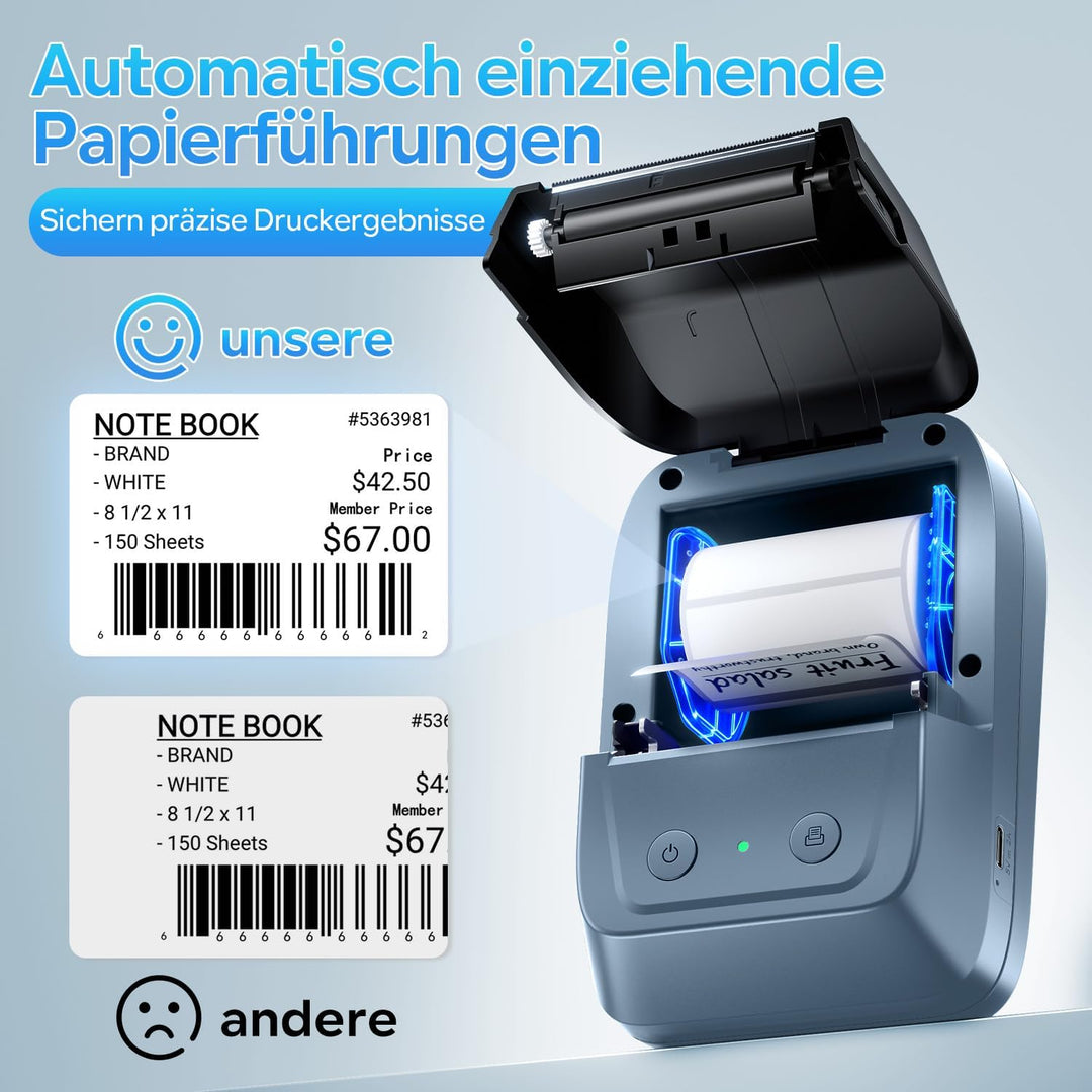 Memoking Etikettendrucker Selbstklebend, Bluetooth Label Printer mit 2000 Symbolen und 300 Vorlagen,