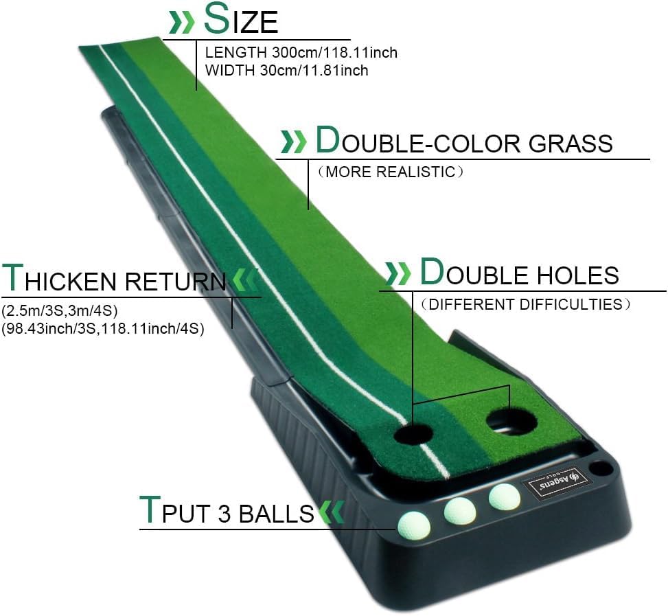 Minigolf für zuhause, Putting Matte mit Auto-Rückkehr & Kunstrasen – Minigolf Set mit 3 Golfbällen,