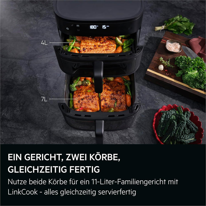 AEG Doppelkorb‑Heissluftfritteuse 11 L, 2 Fächer für Paralleles Frittieren Backen Grillen Dörren, Si