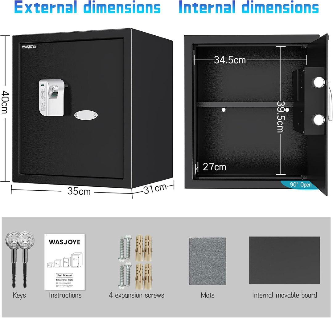 WASJOYE 38.08L Fingerabdruck Tresor Safe, Gross Tresor mit Zahlenschloss, Biometrischer Möbeltresore