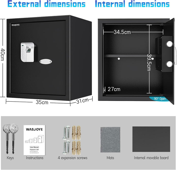 WASJOYE 38.08L Fingerabdruck Tresor Safe, Gross Tresor mit Zahlenschloss, Biometrischer Möbeltresore