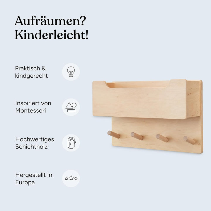 Ehrenkind® Kindergarderobe | Aus robusten Holz | Garderobe Kinder | Gross Natur Kleiderhaken Kinder