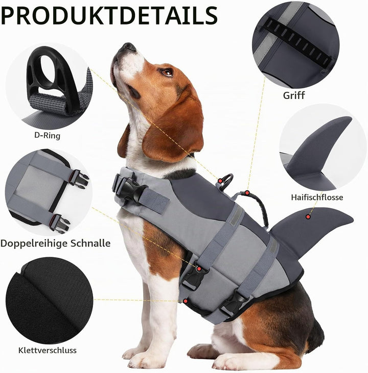 CITÉTOILE Schwimmweste Hunde Hai, Leicht und Sicher für Wassersport, hundeschwimmweste mit Griff und