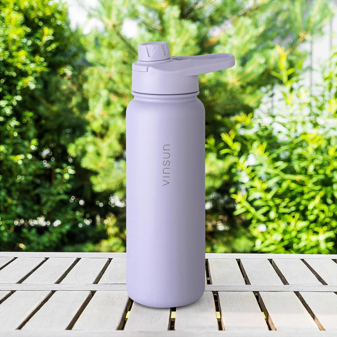 Vinsun Thermoflasche lila 750ml inkl. 2 Deckel - Strohhalm &amp; Trinköffnung Lila 750 ml, Lila 750 ml