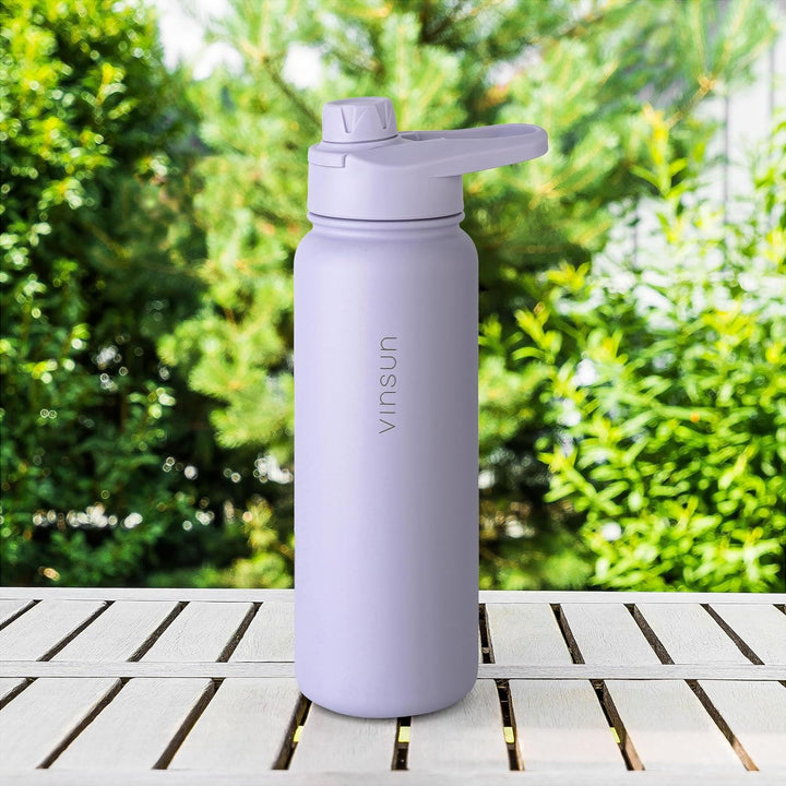 Vinsun Thermoflasche lila 750ml inkl. 2 Deckel - Strohhalm &amp; Trinköffnung Lila 750 ml, Lila 750 ml