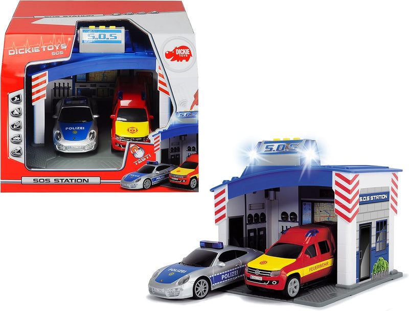 Dickie Toys 203713003 - Rescue Station, Rettungswache mit Polizei- und Feuerwehrauto inklusive Batte