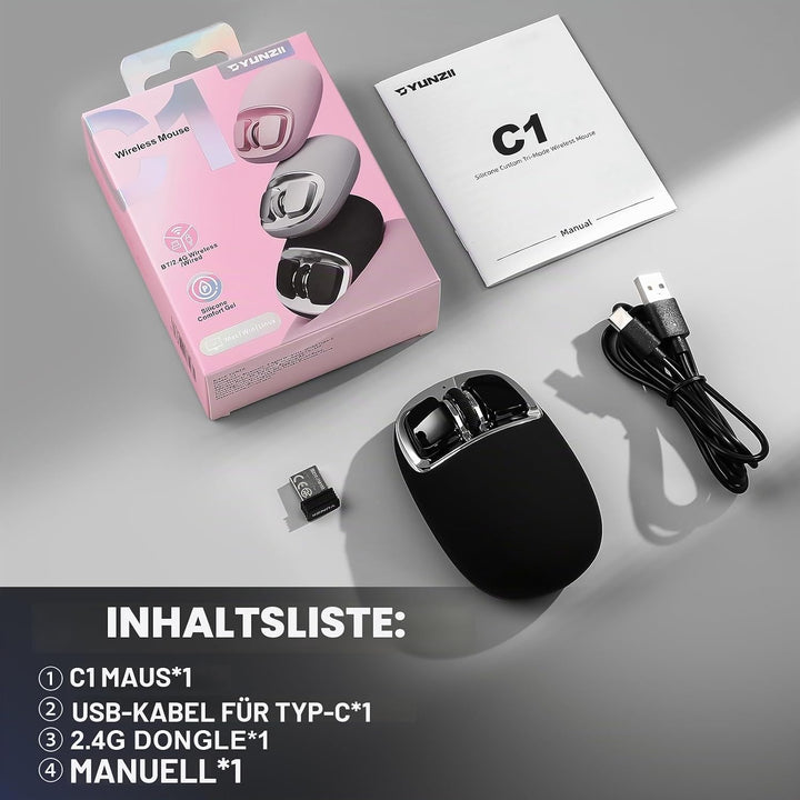 YUNZII C1 Silikon-Funkmaus,Tri-Mode 2,4 GHz/USB-C/Bluetooth Maus, 4800 DPI Optisches Abtastung, 6 Ve