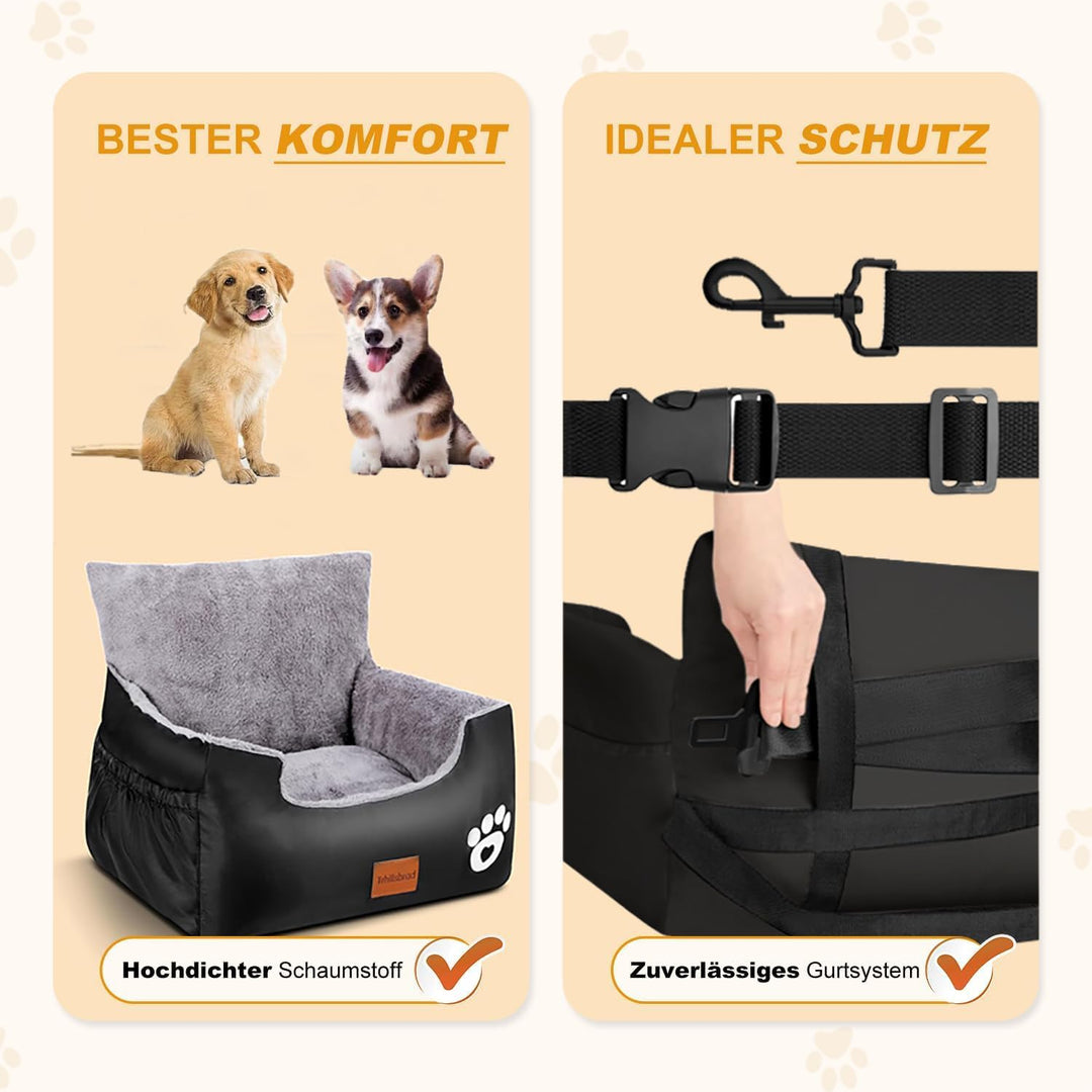Hunde Autositz, 70x60x45cm, 2 Ansteckbare, Verstellbare Sicherheitsleinen, Auto-Hundebett für kleine