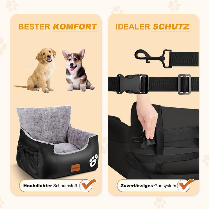 Hunde Autositz, 70x60x45cm, 2 Ansteckbare, Verstellbare Sicherheitsleinen, Auto-Hundebett für kleine