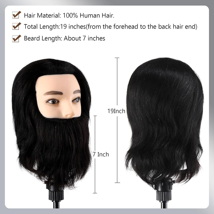 Mann Frisierkopf mit Ständer 100% Echthaar mit Bart Männlich Übungskopf Echthaar Friseur Kopf Puppen