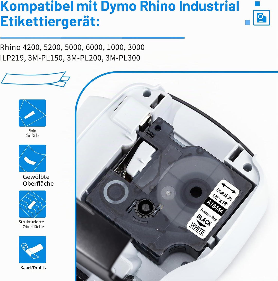 3x 18444 Etikettenband kompatibel mit Dymo Rhino Industrie Vinyletiketten, 12mm x 5,5m, Schwarz auf
