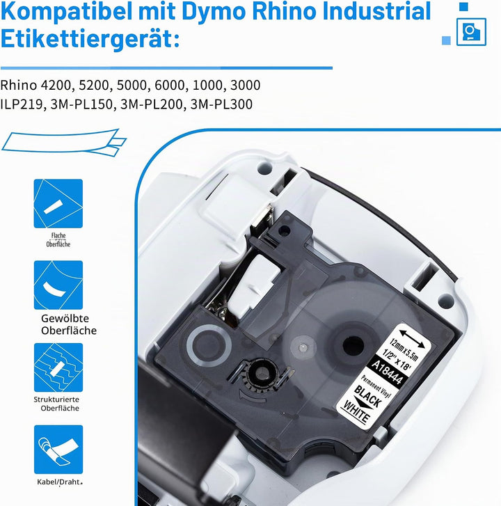 3x 18444 Etikettenband kompatibel mit Dymo Rhino Industrie Vinyletiketten, 12mm x 5,5m, Schwarz auf