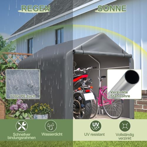 Fahrradgarage mit Rolltor 160x220x165 cm, wetterfester PE-Geräteschuppen, grau, für Fahrrad, Motorra