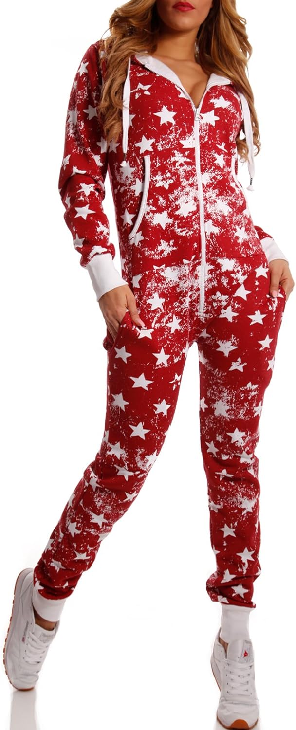 Crazy Age Jumpsuit Strampler Ganzkörperanzug Overall Sternen Kuschelig Warm XS Weinrot ( A), XS Wein